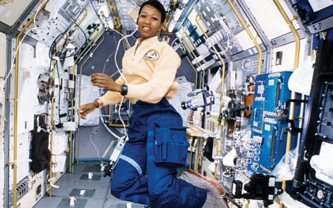Dr. Mae Jemison floating in zero gravity in a space shuttle